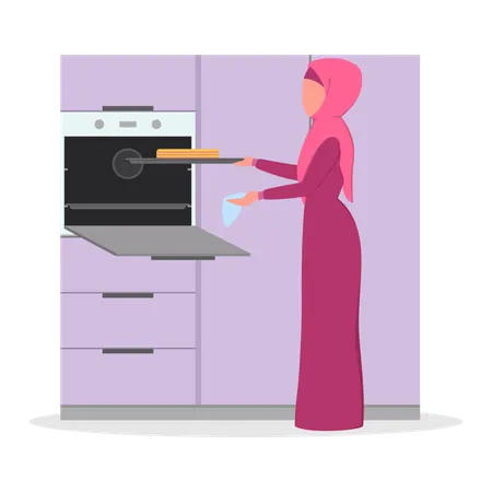 Mulher muçulmana cozinhando o jantar  Ilustração