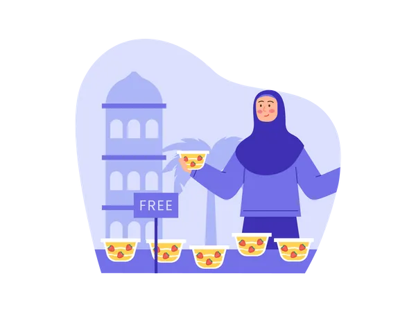 Mulher muçulmana doando comida de graça  Ilustração