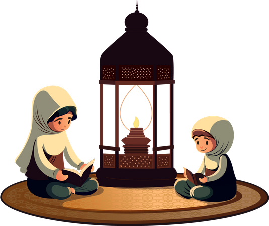 Mulher muçulmana e criança lendo sagrado  Ilustração