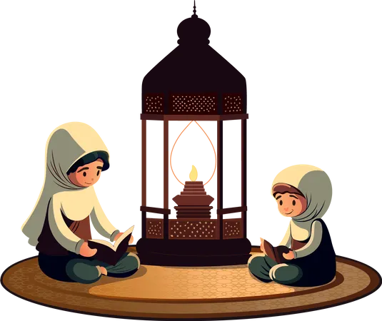Mulher muçulmana e criança lendo sagrado  Ilustração