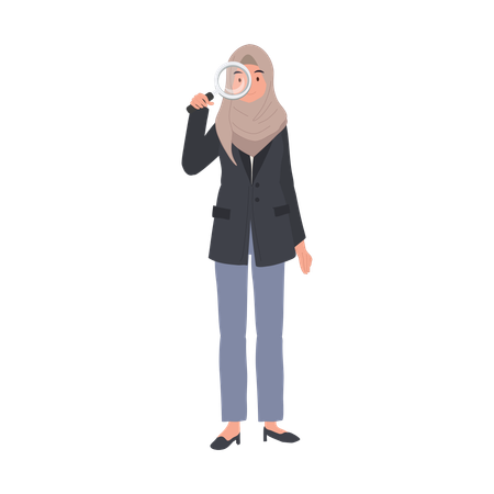 Mulher muçulmana em Hijab examinando com lupa  Ilustração