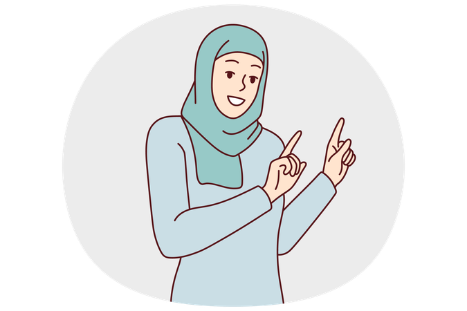Mulher muçulmana em paranja islâmico aponta para o lado recomendando prestar atenção  Ilustração