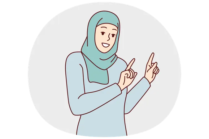 Mulher muçulmana em paranja islâmico aponta para o lado recomendando prestar atenção  Ilustração