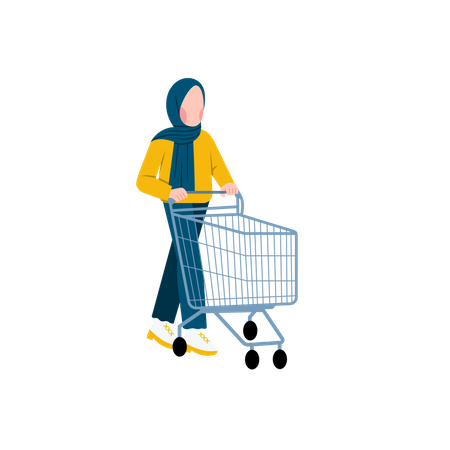Mulher muçulmana empurrando carrinho de compras  Ilustração
