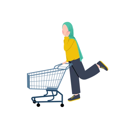 Mulher muçulmana empurrando carrinho de compras  Ilustração
