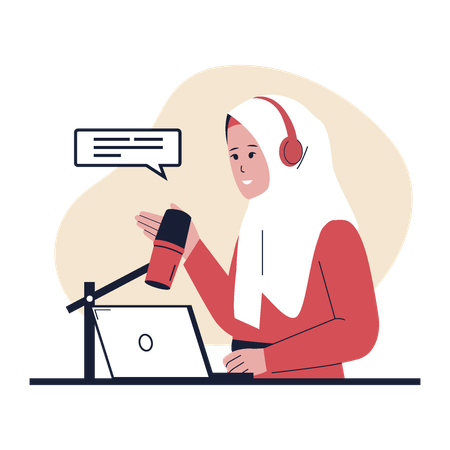 Mulher muçulmana gravando um podcast  Ilustração