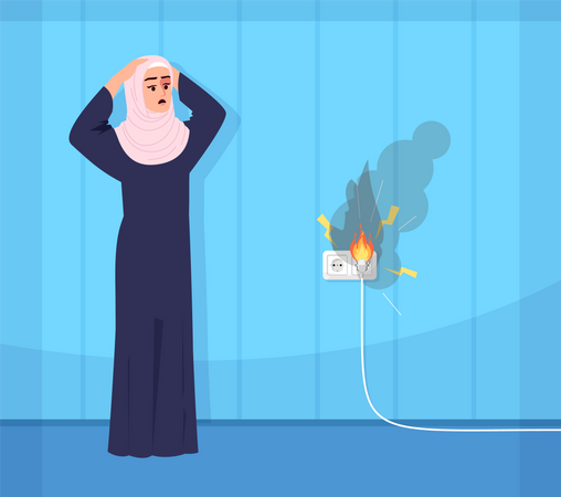 Mulher muçulmana intrigada com cabo danificado  Ilustração