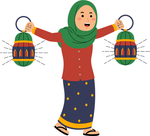 Mulher muçulmana brincando de lanterna  Ilustração