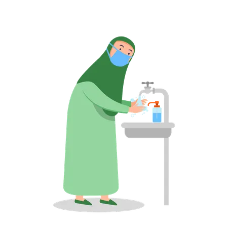 Mulher muçulmana lavando as mãos  Ilustração