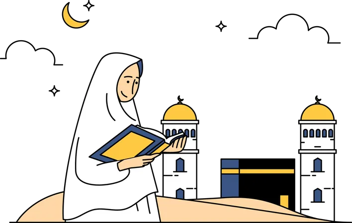 Mulher muçulmana lendo o Alcorão  Ilustração