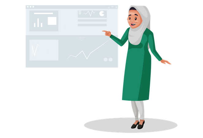 Mulher muçulmana mostrando relatório no gráfico  Ilustração