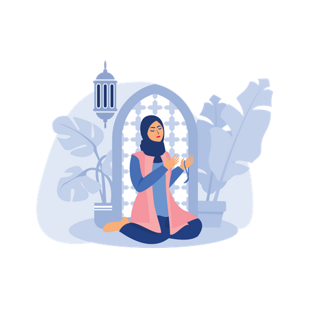 Mulher muçulmana rezando a Alá durante salat  Ilustração