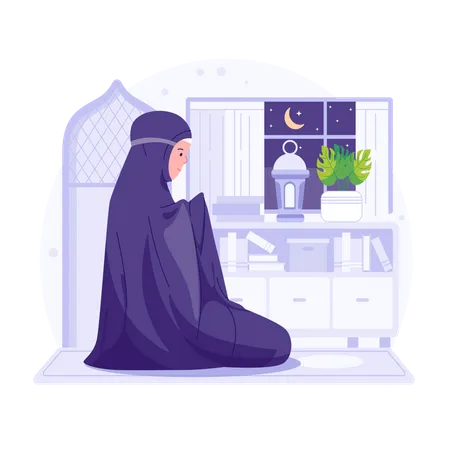 Mulher muçulmana rezando no Ramadã  Ilustração