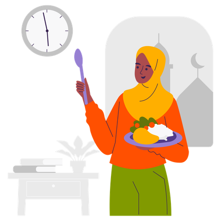 Mulher muçulmana quebrando o Iftar  Ilustração