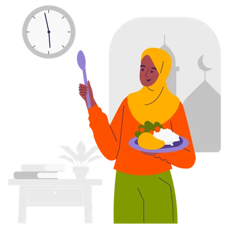 Mulher muçulmana quebrando o Iftar  Ilustração