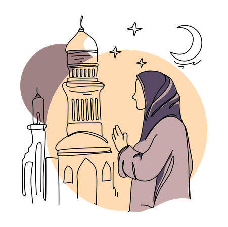 Mulher muçulmana rezando perto da mesquita  Illustration