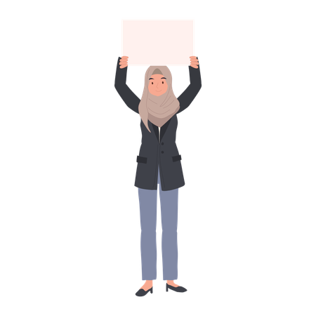 Mulher muçulmana segurando cartaz em branco para protesto pacífico  Ilustração