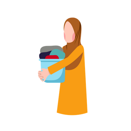 Mulher muçulmana segurando o cesto de roupa suja  Ilustração