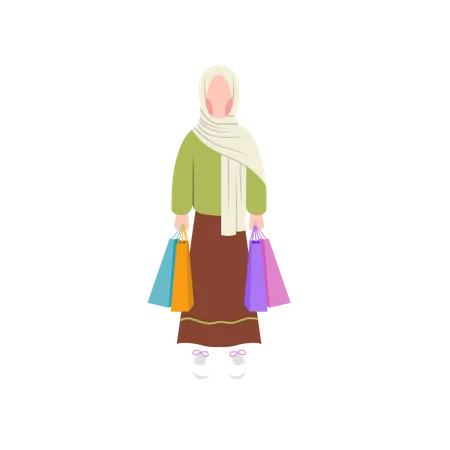 Mulher muçulmana segurando sacolas de compras  Ilustração