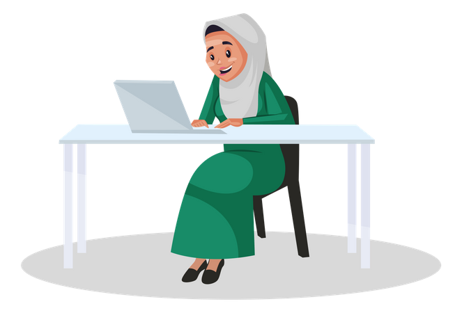 Mulher muçulmana sentada na cadeira e trabalhando no laptop  Ilustração