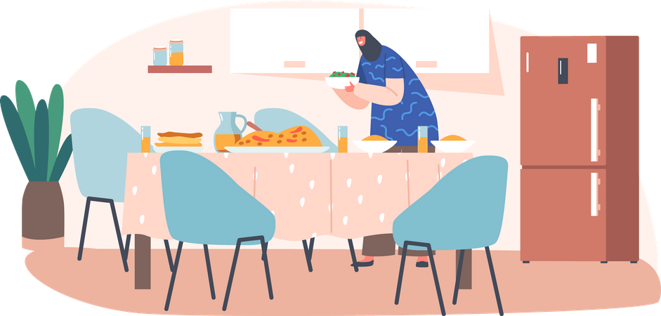 Mulher Muçulmana Servindo Jantar Na Mesa  Ilustração