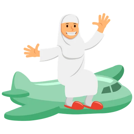 Mulher muçulmana voando em direção ao hajj  Ilustração