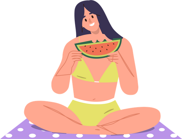 Mulher sorridente muito feliz comendo melancia na praia  Ilustração