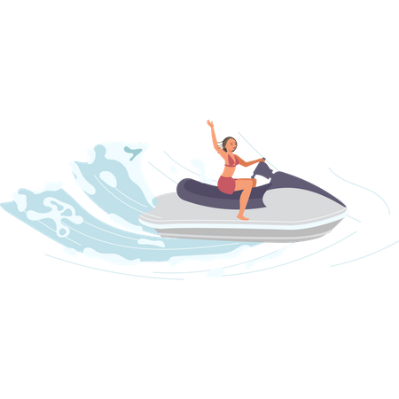Mulher em moto aquática anda nas ondas  Ilustração