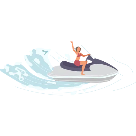 Mulher em moto aquática anda nas ondas  Ilustração