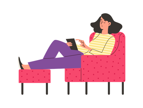 Mulher na cadeira navega na Internet usando um tablet  Ilustração