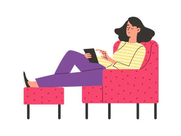 Mulher na cadeira navega na Internet usando um tablet  Ilustração