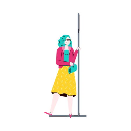 Mulher elegante segurando corrimãos no metrô  Ilustração