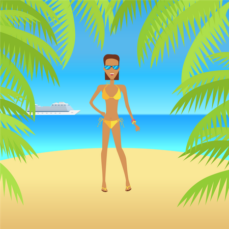 Mulher na praia com areia e palmeiras  Ilustração