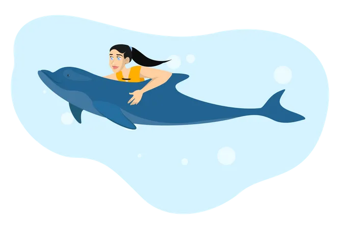 Mulher Nadando Com Um Golfinho Atividade De Verao Na Praia Garota No Mar Animal Aquatico Ilustracao Vetorial Em Estilo Cartoon Ilustração