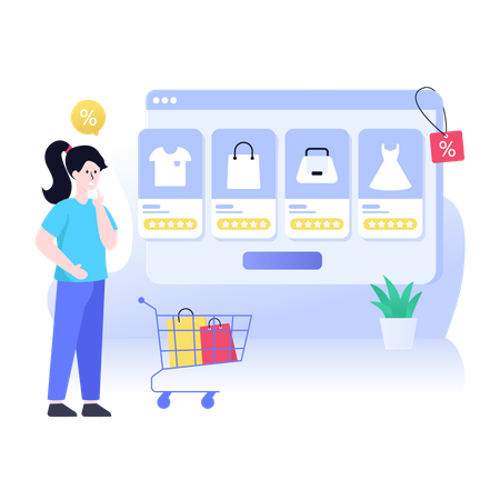 Mulher navegando pelo site de comércio eletrônico  Ilustração