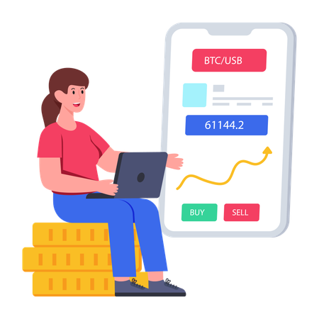 Mulher negociando Bitcoin no aplicativo  Ilustração