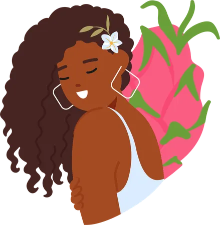 Mulher negra elegante com flor vibrante aninhada no cabelo  Ilustração