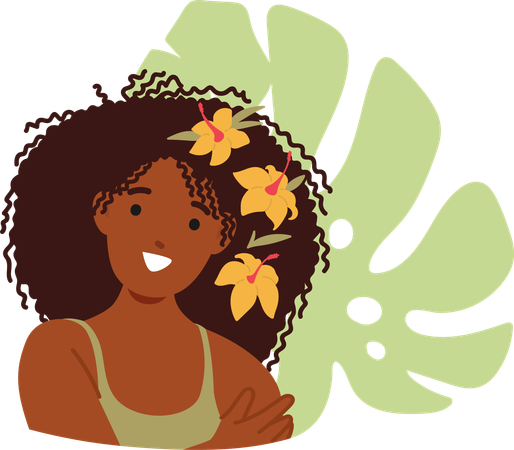 Flores delicadas de mulher negra adornam seu cabelo  Ilustração