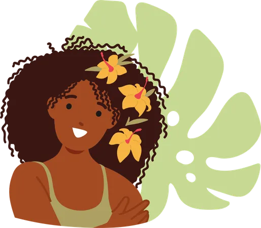 Flores delicadas de mulher negra adornam seu cabelo  Ilustração