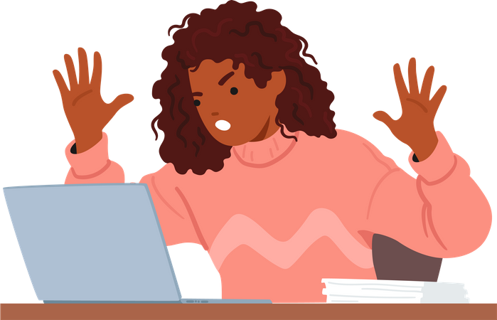 Mulher negra frustrada expressando raiva ao usar seu laptop  Ilustração