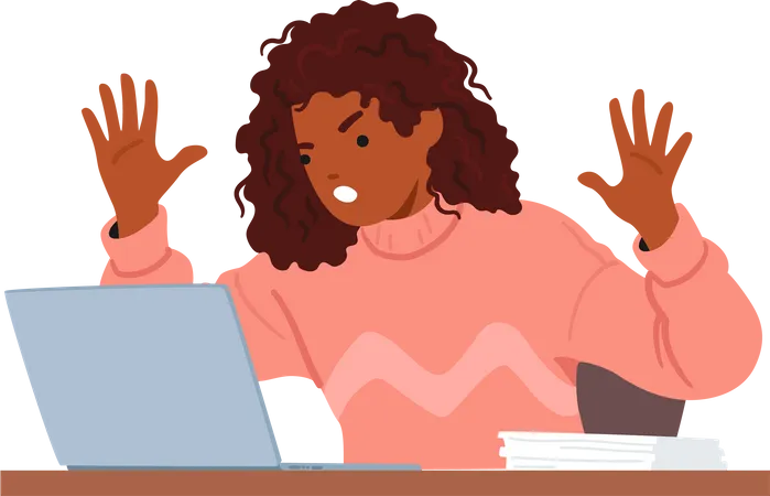 Mulher negra frustrada expressando raiva ao usar seu laptop  Ilustração