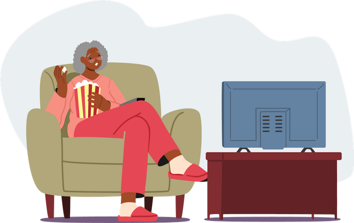 Mulher negra sênior comendo pipoca assistindo TV  Ilustração