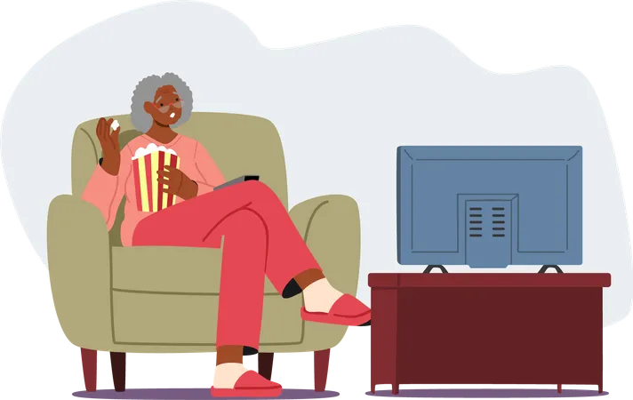 Mulher negra sênior comendo pipoca assistindo TV  Ilustração