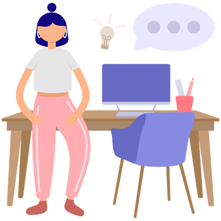 Mulher no escritório com mesa de trabalho  Ilustração