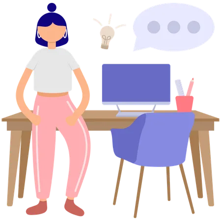 Mulher no escritório com mesa de trabalho  Ilustração