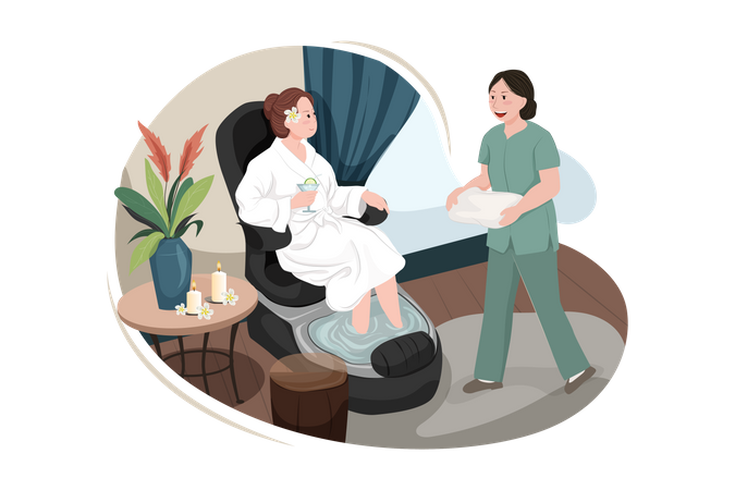 Mulher no salão spa, garota deitada no sofá, massagista se prepara fazendo massagem para cliente em quarto aconchegante com equipamento profissional  Ilustração