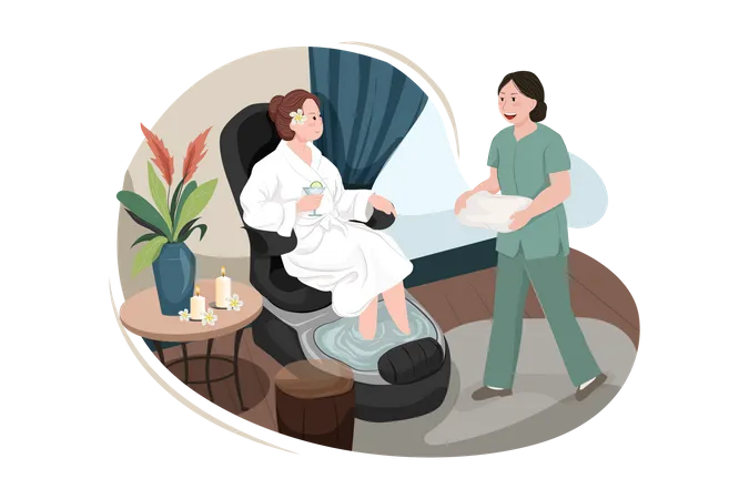 Mulher no salão spa, garota deitada no sofá, massagista se prepara fazendo massagem para cliente em quarto aconchegante com equipamento profissional  Ilustração