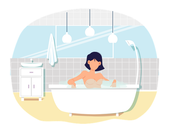 Mulher nua sentada na banheira com água quente na sauna caseira  Ilustração