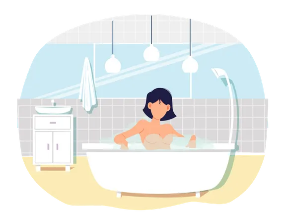 Mulher nua sentada na banheira com água quente na sauna caseira  Ilustração