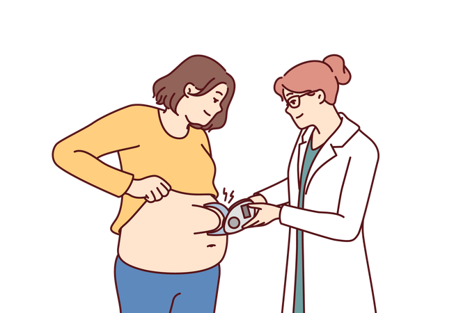 Nutricionista feminina mede o tamanho da camada de gordura  Ilustração